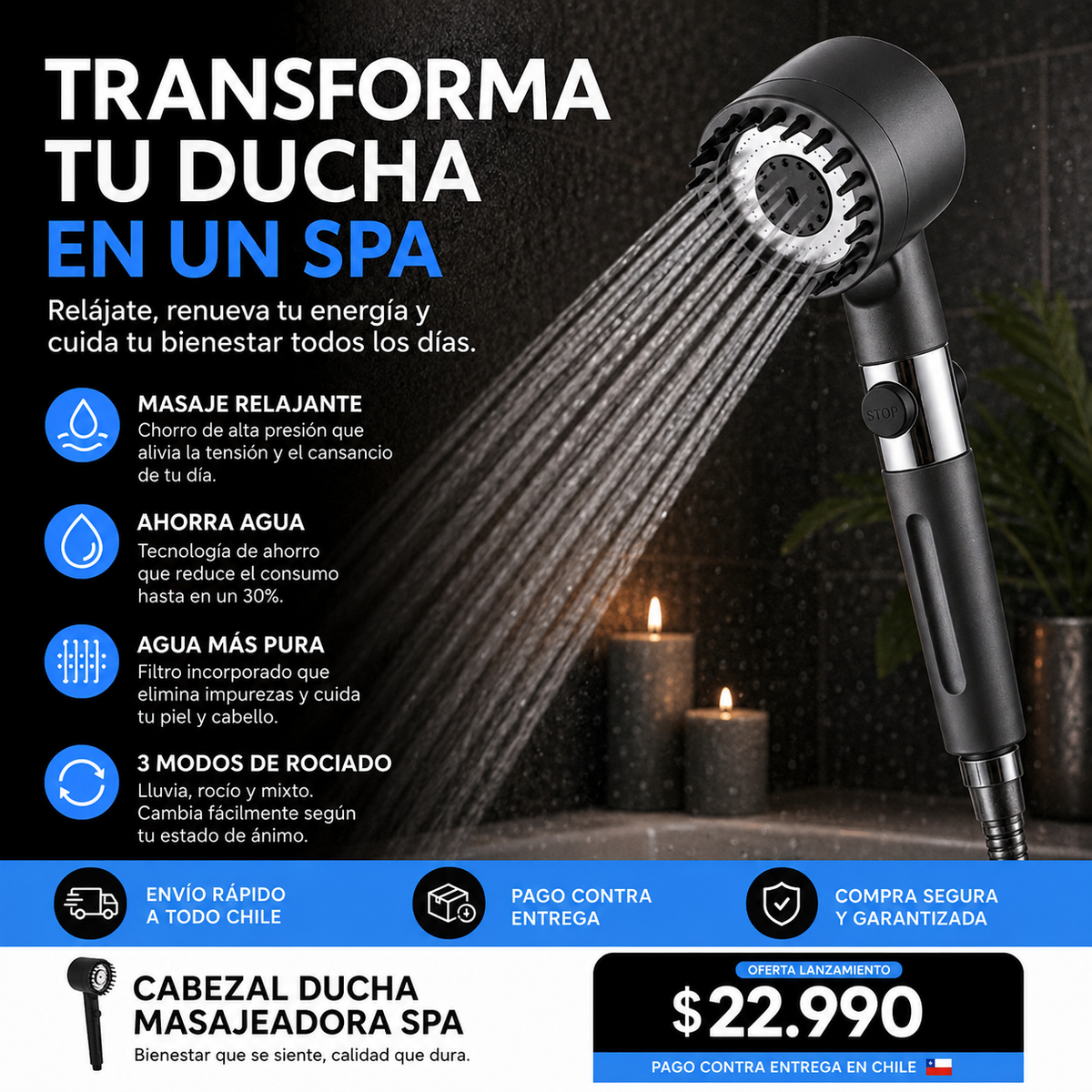 Cabezal de Ducha Spa Premium 3 Modos ⭐
