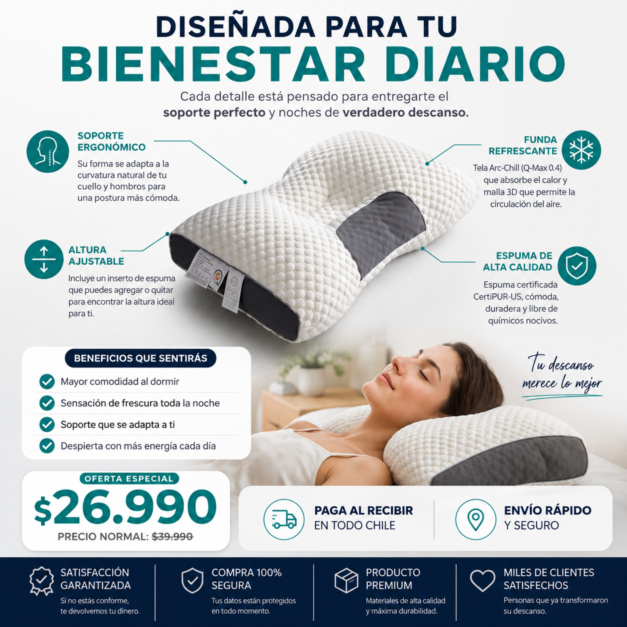 Almohada Cervical Ergonómica Premium con Altura Ajustable