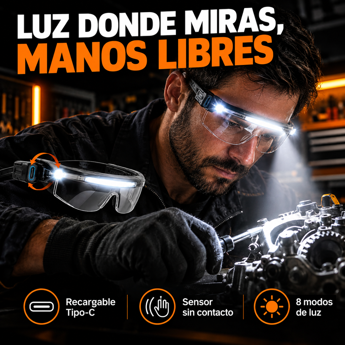 Gafas de seguridad con luz LED manos libres