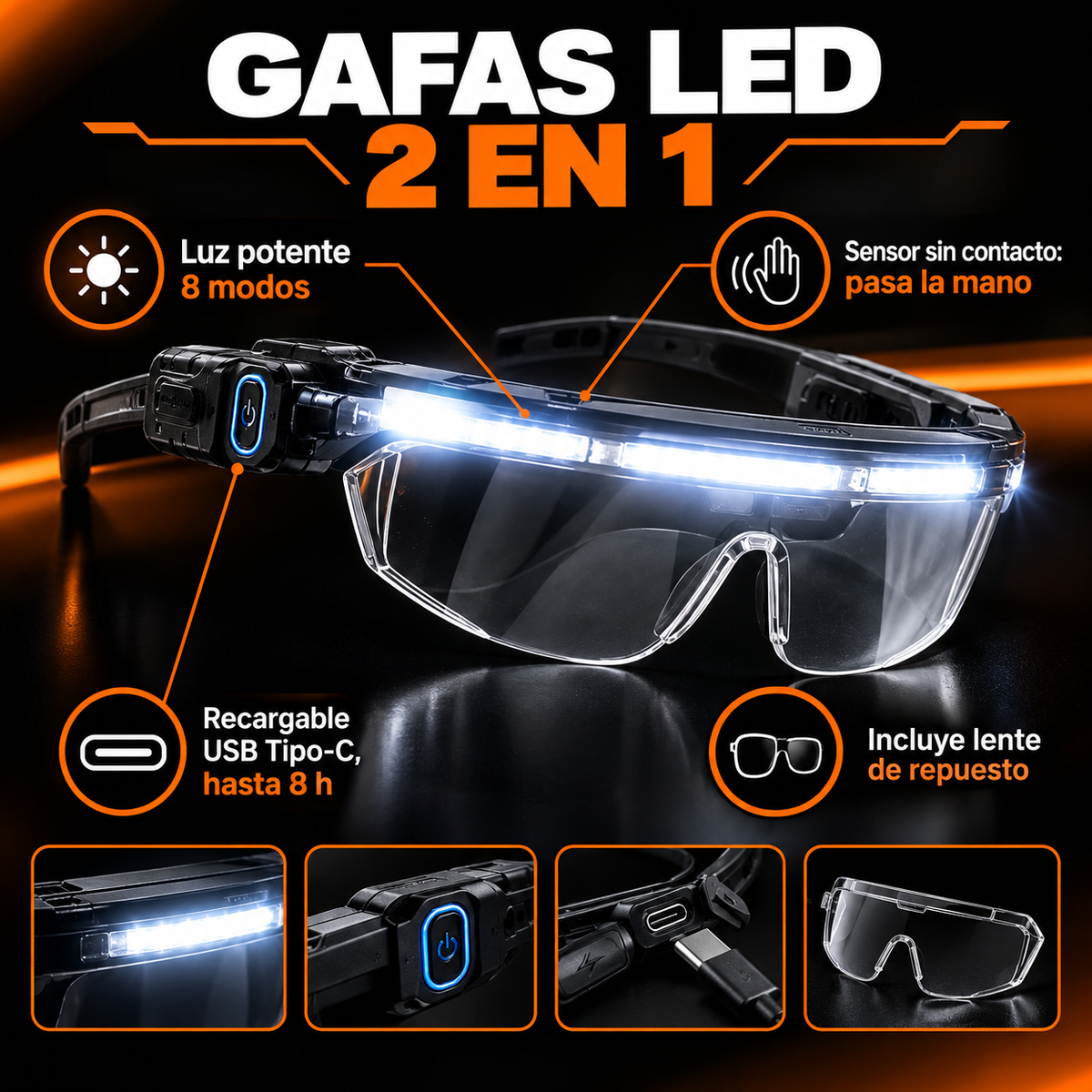Gafas LED 2 en 1 características